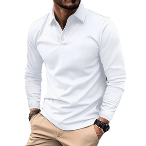 Classic white long-sleeve polo shirt for men in slim fit with knitted texture