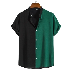 Men Casual Stand Collar Short Sleeve Shirt Summer Breathable Color Block Plaid Splicing Button Down Shirt For Men Fashion Tops
