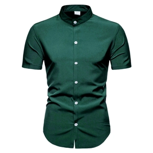 Slim fit men's dark green short sleeve shirt with mandarin collar and white buttons