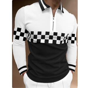 Détail d'un polo homme avec imprimé damier 3D, fermeture éclair argentée et col contrasté