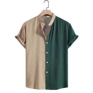 Men's grandad collar short sleeve shirt featuring khaki and dark green color blocks