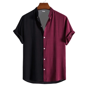 Men's summer short sleeve shirt with color block design in black and burgundy