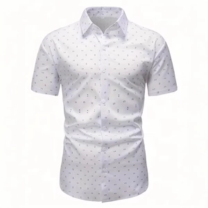 Detailed view of men's white short sleeve shirt with black geometric ring patterns