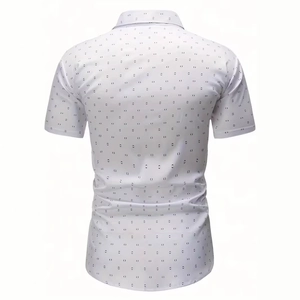 Detailed back view of white men's polo shirt with geometric print and slim fit cut