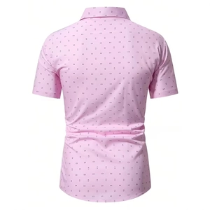 Rear view of a slim-fit pink short-sleeved shirt with black micro-geometric dots pattern