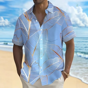 Close-up of men's tropical plaid shirt showing detailed leaf patterns and buttoned pocket