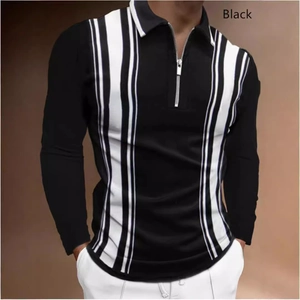 Polo à manches longues pour hommes avec rayures blanches 3D asymétriques et fermeture éclair