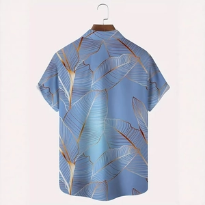 Rear view of casual short-sleeve shirt with light blue fabric and gold leaf patterns