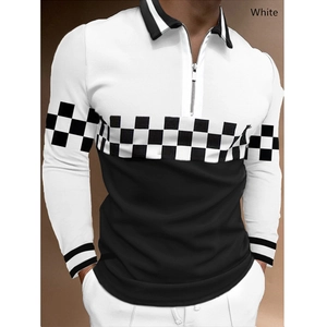 Polo homme manches longues avec fermeture éclair et motif à carreaux noir et blanc