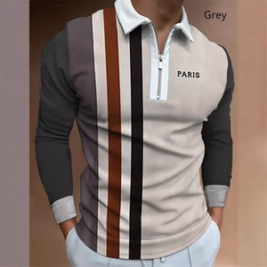 Polo homme gris à manches longues avec rayures verticales 3D et imprimé PARIS