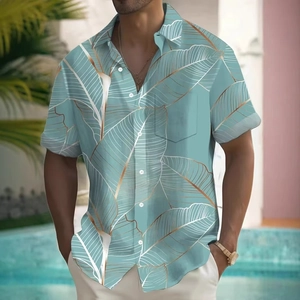 Men's blue tropical leaf print short sleeve shirt featuring a front pocket and white buttons