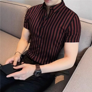 Detail of red and black vertical striped short sleeve shirt with button-down collar
