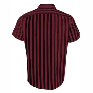 Detail view of the back of a men's burgundy and black striped short sleeve casual shirt
