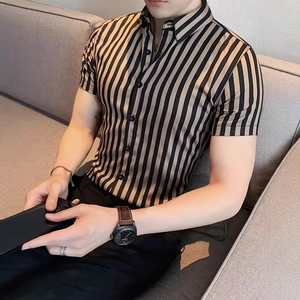 Detailed view of khaki and black striped men's short sleeve shirt texture and collar design