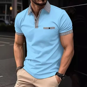 Men Fashion Short Sleeve Polo Shirt With Houndstooth Grid Patchwork Pocket Business Casual Summer Slim Fit Top Clothing