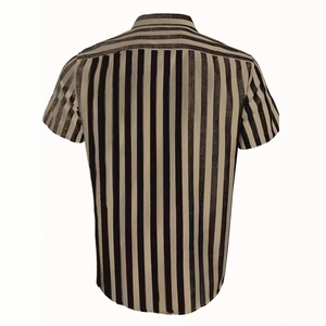 Detail of men's short sleeve shirt showing the vertical stripes and vintage texture