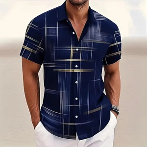 Detail of navy blue plaid short sleeve shirt featuring modern geometric patterns for men
