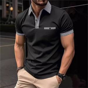 Men's slim fit black short sleeve Polo shirt with stylish houndstooth pattern trim