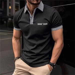 Men's slim fit black polo shirt with houndstooth collar and pocket detail outdoor view