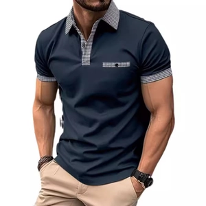Men's slim fit navy polo shirt with stylish black and white checkered collar and pocket detail