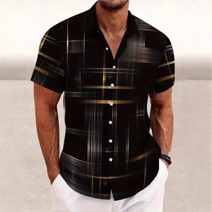Detailed view of casual men's short sleeve shirt featuring gold geometric grid pattern