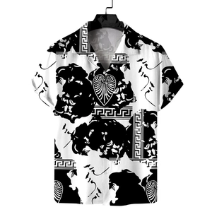 Men's short sleeve Cuban collar shirt with black artistic print on white fabric