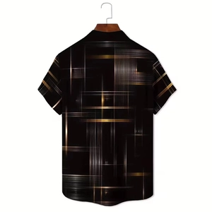 Macro detail of the 3D geometric grid texture on back of black short sleeve men's shirt