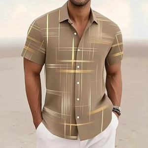 Detailed view of khaki short sleeve shirt with geometric grid pattern and white buttons