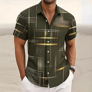 Detail of olive green men's short sleeve shirt featuring geometric print and white buttons