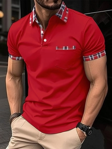 Men's red short sleeve Polo shirt with plaid trim on collar and chest pocket