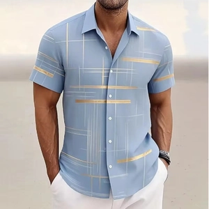 Detail of light blue men shirt with gold stripes and white grid pattern on breathable fabric