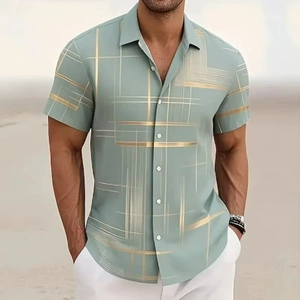 Detail shot of men's casual shirt featuring mint green color and geometric pattern
