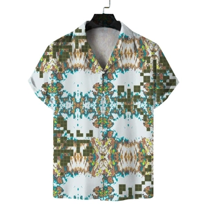 Close-up of short sleeve Cuban collar shirt with pixelated green and brown abstract patterns
