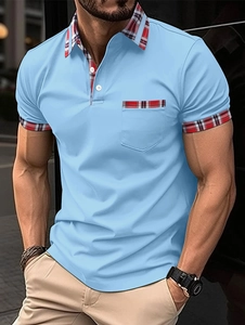 Men's Casual Short Sleeve Polo Shirt Plaid Patchwork Pocket Slim Fit Summer Sports Golf Top Basic Fashion Polo Shirt