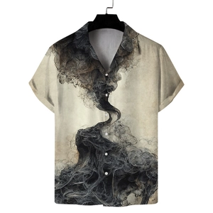 Men's vintage cream short sleeve Cuban collar shirt with black abstract smoke print