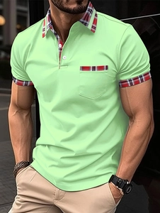 Short sleeve men's mint green polo shirt with stylish plaid trim and chest pocket