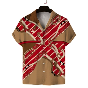 Men's short sleeve Cuban collar shirt with equestrian leopard and chain print pattern