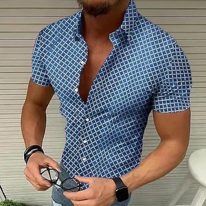 Detail of men's short-sleeve shirt showing blue and white geometric plaid with button collar