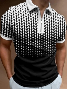 Close-up of men's polo shirt featuring 3D geometric weave pattern and zipper collar