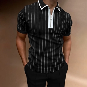 Close-up of black men's Polo shirt with white vertical stripes and silver zipper detail