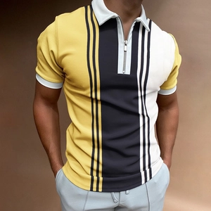 Detail of men's polo shirt featuring modern half-zip collar and color block pattern