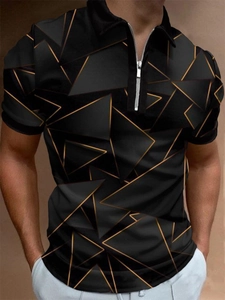 Detail of men's black polo shirt with golden geometric triangles and metal zipper neckline