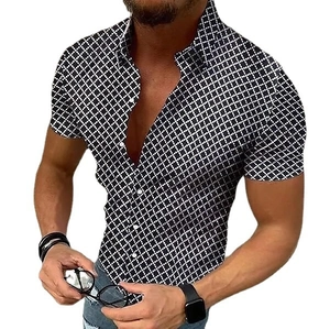 Men's casual short sleeve button-down shirt with black and white geometric grid pattern