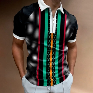 Detailed view of men's polo shirt with geometric patterns and white zipper collar