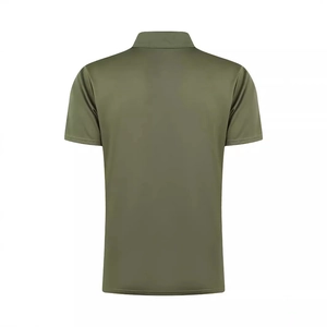 Rear view of men's slim fit olive green polo shirt with breathable fabric and turn-down collar