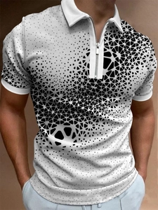 Detail of men's white polo shirt featuring black geometric print and silver zipper