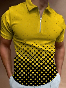 Detail of yellow men's polo shirt featuring zipper collar and geometric gradient print