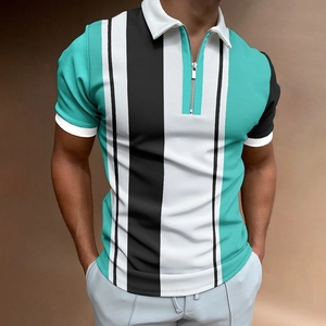 Detail of slim fit men's polo shirt with green and black vertical stripes and zipper