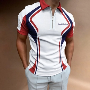 Men's white zip polo shirt with red collar and dynamic geometric 3D print design