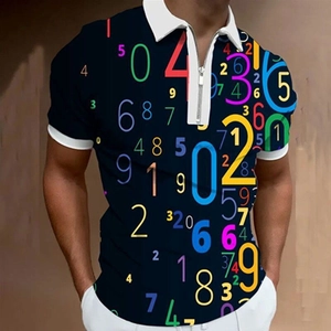 Men's casual short-sleeve zipper polo shirt featuring colorful 3D digital number prints
